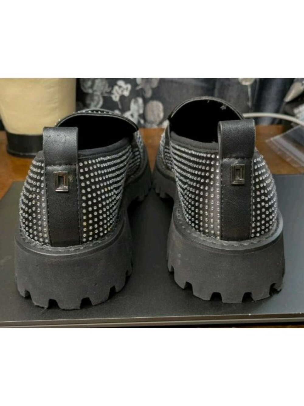 Sz 9 Karl Lagerfeld Paris Grady Slip On Chunky Loafer Black Y2K Rhinestone Bling - Picture 4 of 9